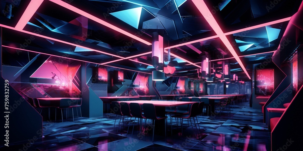 Realistic indoor photograph of a dark bar with a neon ceiling and an alternate cubist reality breaking in, vaporwave palette. From the series “Cosmic Living." - obrazy, fototapety, plakaty 