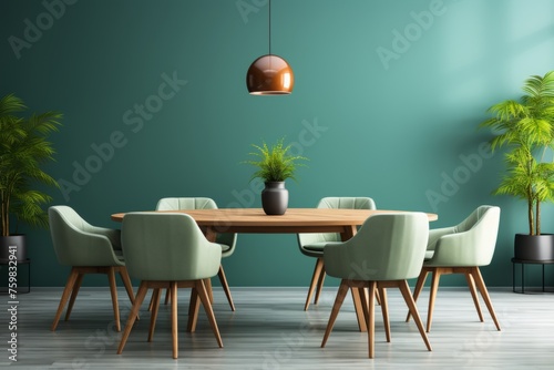 Scandinavian wooden dining table and chairs in modern green-walled dining room interior