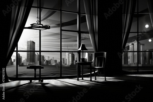Interior black and white photograph of a darkened room with a picture window overlooking a city skyline, surreal postmodernist style, photorealistic detail. From the series “Bad LSD," "Twilight Zone."