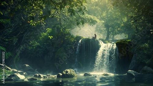 A moment frozen in time as friends discover a hidden waterfall in a dense, enchanted forest.
