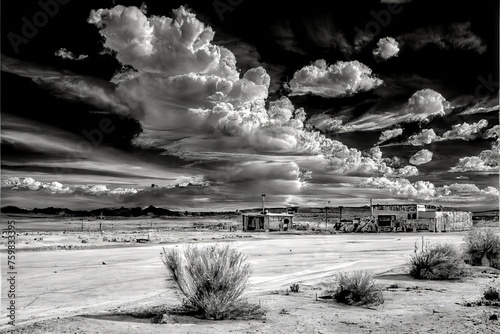 Panoramic outdoor daytime black and white photograph of a desert landscape with abandoned buildings in the middle distance, dramatic cloudscape. From the series “Quest."