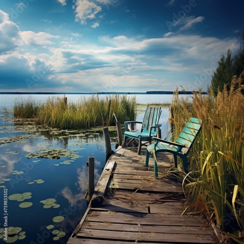 Landscape photograph of an empty adirondack chair on an old wooden dock in a lake filled with reeds. From the series “Golden Age."