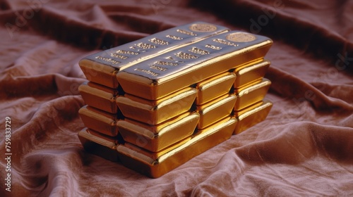 A stack of gleaming gold bars rests on a velvet cloth a timeless symbol of wealth and stability in the banking world.