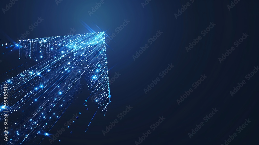 Abstract blue arrow glowing with lighting and line grid on blue ...