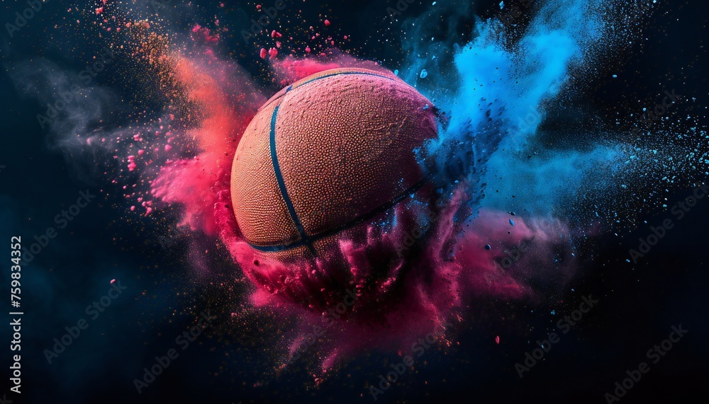 Dynamic basketball in motion vibrant powder explosion Dynamic basketball in motion vibrant powder explosion