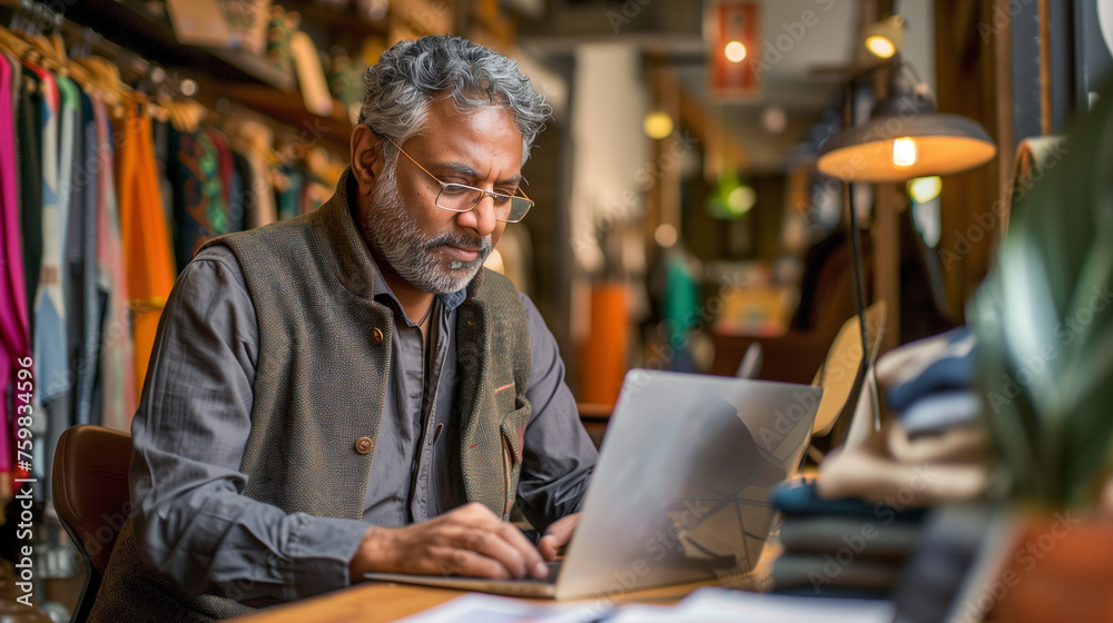 Boutique owner working on a laptop