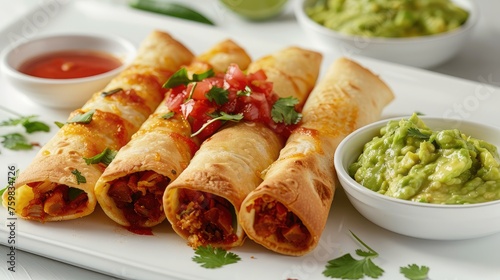 a platter of authentic Mexican flautas, served with vibrant salsa and creamy guacamole, elegantly arranged on a clean white background, with space available for custom text or graphics. photo