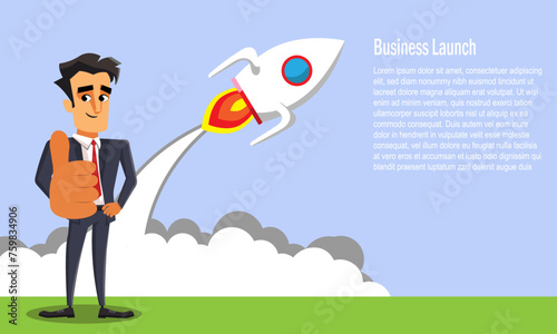Company startup banner with rocket implying a launch, Entrepreneur businessman starting a business concept