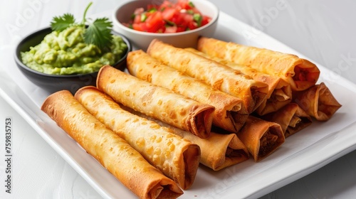 a platter of authentic Mexican flautas, served with vibrant salsa and creamy guacamole, elegantly arranged on a clean white background, with space available for custom text or graphics.