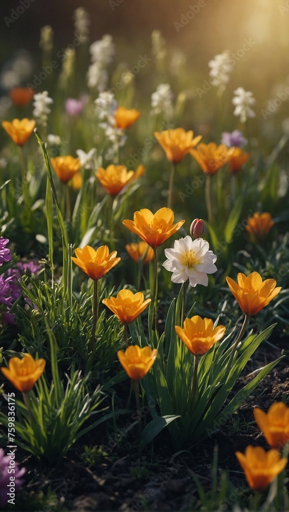 The arrival of spring and a close-up of an outdoor area surrounded by flowers, for print and frame, background wallpaper