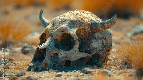 A bison skull with prominent weathered horns rests in a desert setting, surrounded by dried grass and stone.