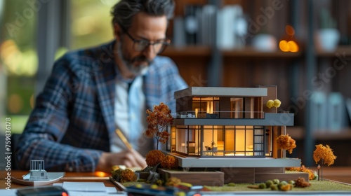 Architect Examining Detailed House Model at Desk