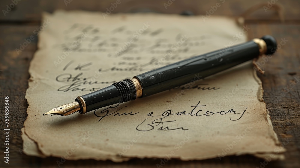 Close-up of a classic fountain pen on an old handwritten letter, suggesting timeless communication.