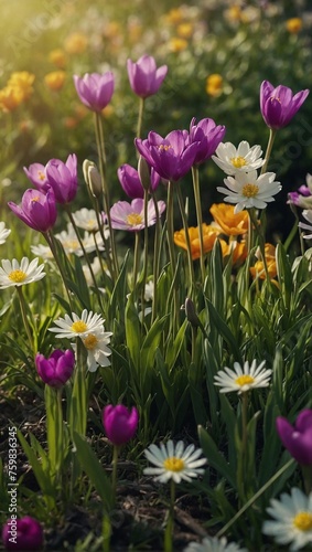 The arrival of spring and a close-up of an outdoor area surrounded by flowers, for print and frame, background wallpaper