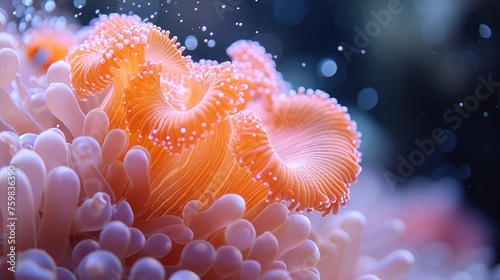 Close-up of a bright orange sea anemone among soft corals, a glimpse into the beauty of marine life. © Fostor