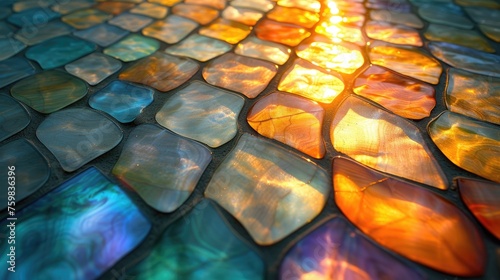 The golden hues of sunset beautifully reflect on a mosaic of iridescent tiles, creating a stunning visual texture.