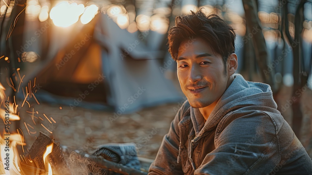 a 34-year-old Korean male with brown hair and eyes, exuding warmth and kindness, seated by a firepit with a soft smile.