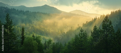 A mountain bathed in backlight turning the entire mountain golden, with a pine forest in the foreground © saichon