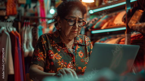 Boutique owner working on a laptop