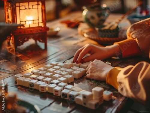 Mahjong game close-up on hands and tiles