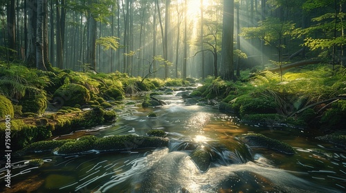 A small sunlit creek meandering through a dense old-growth forest. Generative AI.
