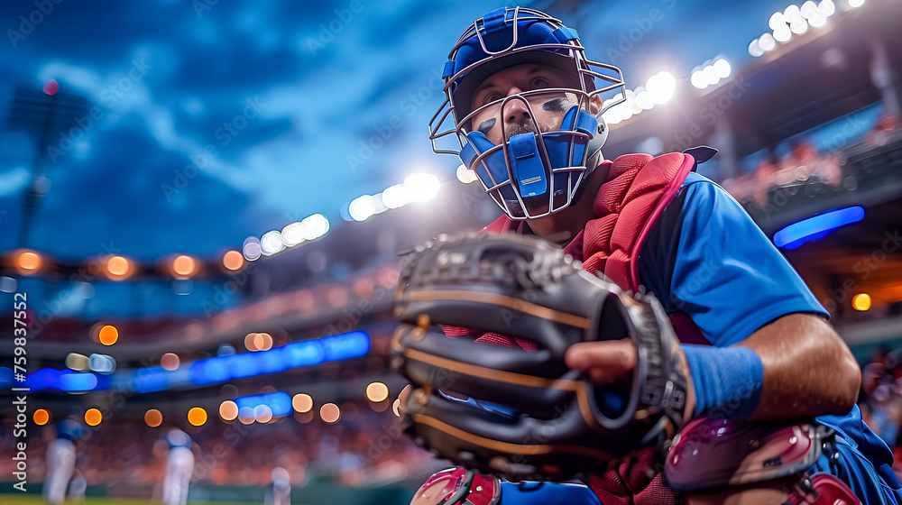 Baseball Catcher In Stance, Wearing Blue And Red Gear, Glove Ready, Stadium Lights Illuminating - obrazy, fototapety, plakaty 
