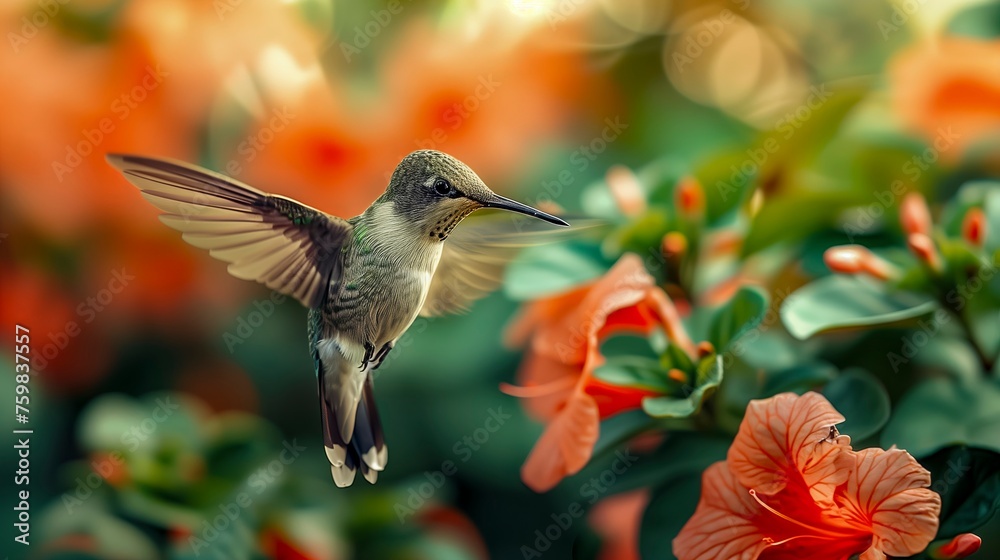 Obraz premium Hummingbird Hovering Near Orange Flowers