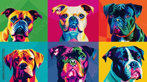 Pop art graphic wallpaper with bold vibrant portraits of various dog breeds