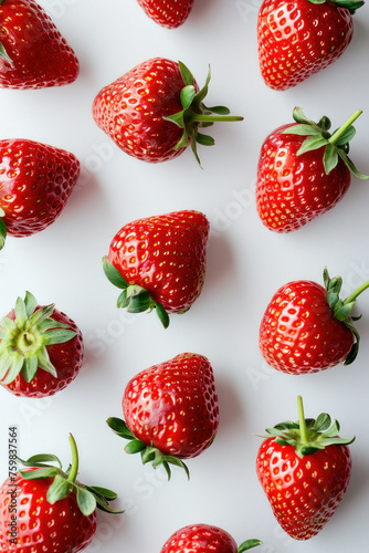 Pattern of fresh strawberries with green leaves on white surface, top view, closeup shot