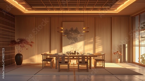 a dining room featuring a wide wooden door, showcasing gravity-defying architecture with stacks of contemporary Chinese art pieces photo