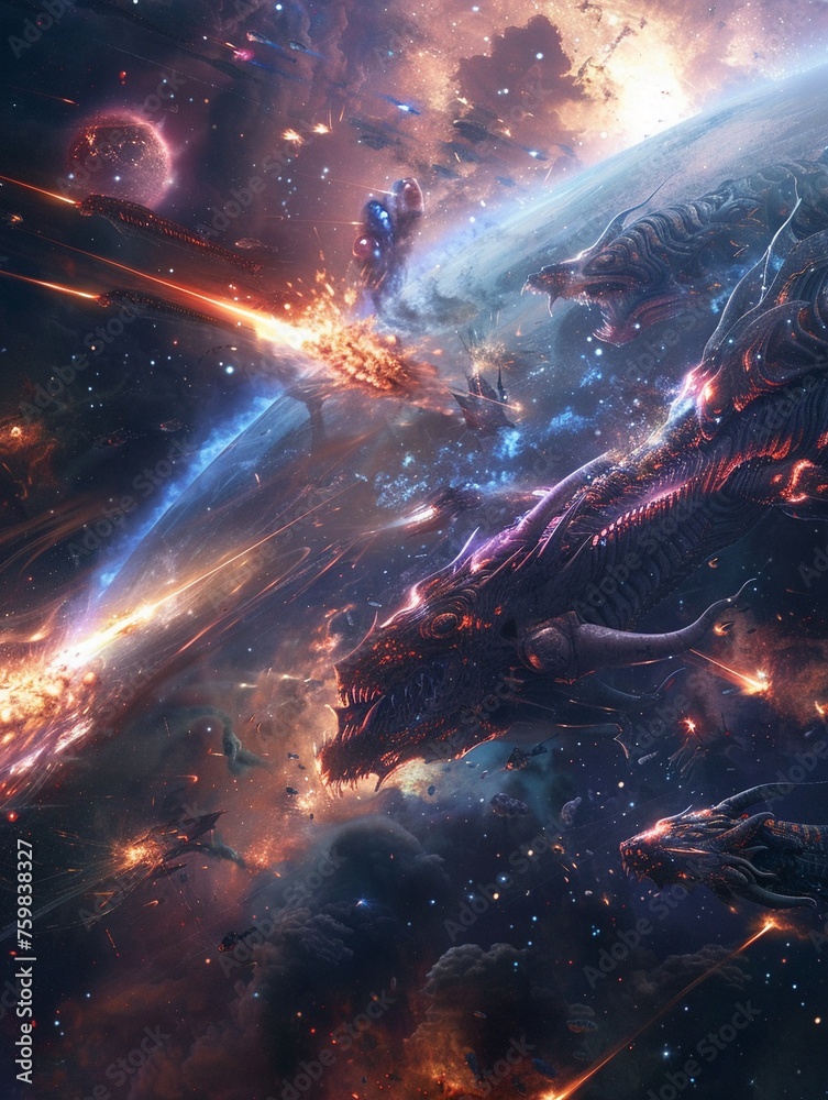 Space opera CG wallpaper showcasing an epic battle between alien creatures and astral lions across the starry expanse of the universe.