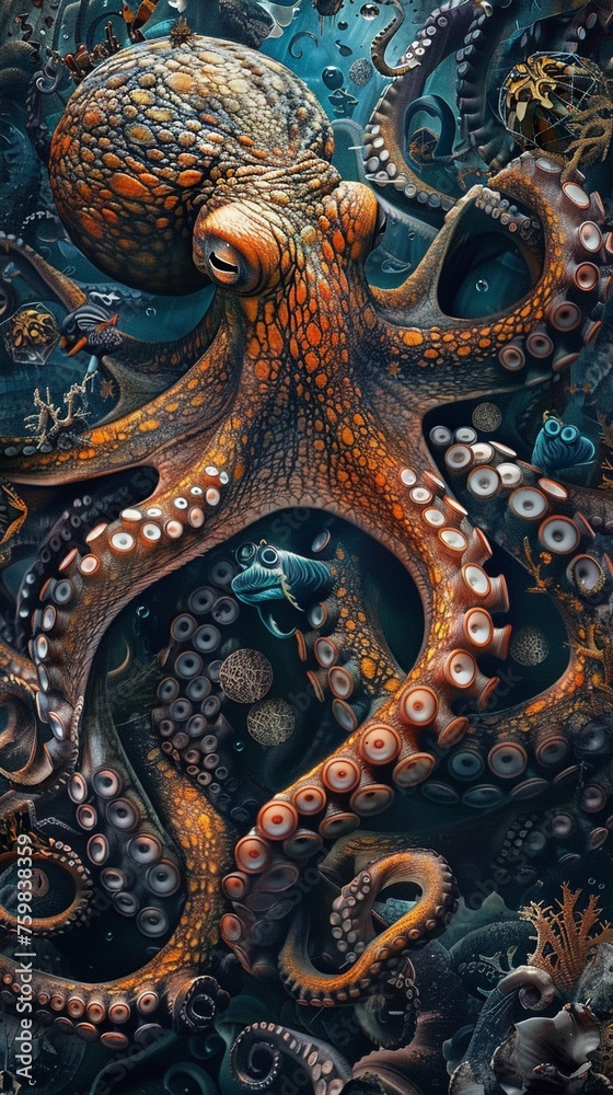 Surreal wallpaper background of an octopus deep underwater Surreal wallpaper background of an octopus deep underwater