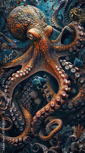 Surreal wallpaper background of an octopus deep underwater