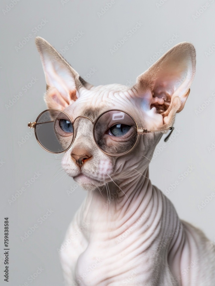 A Sphynx cat wearing round spectacles