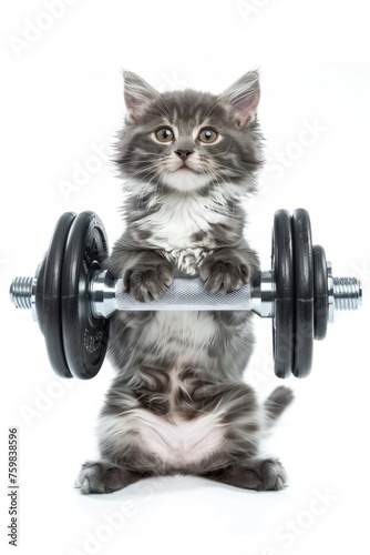 A cute kitten stands on its hind legs, holding a dumbbell with its front paws