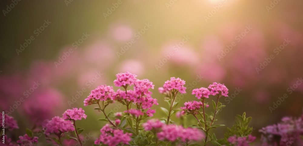 Small pink flowers on a green background. Close-up. Spring flowers on a natural background. For banner, flyer, poster, card, with copy space.