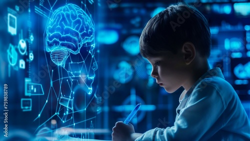 A little boy studies digital AI brain holograms for machine learning and technology concepts.