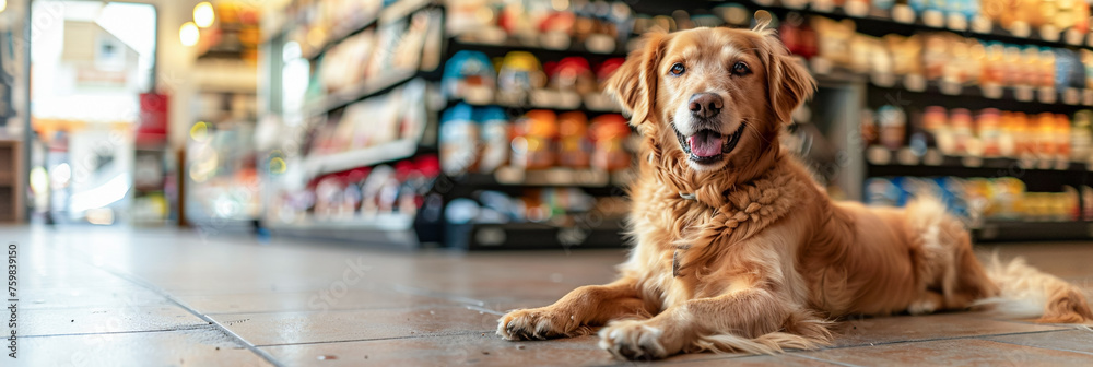 Banner of a dog in a pet store, purchase pet food, shopping for pet supplies, adorable canine