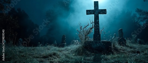 Cross under night sky in eerie graveyard setting