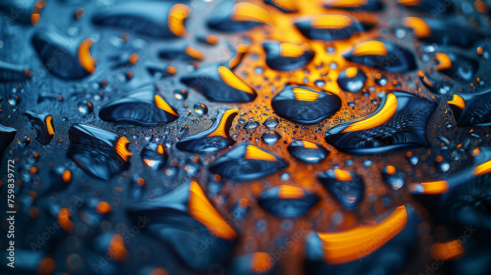 Abstract background with liquid oil and water drops on cracked glass surface. Blue, orange and yellow colors