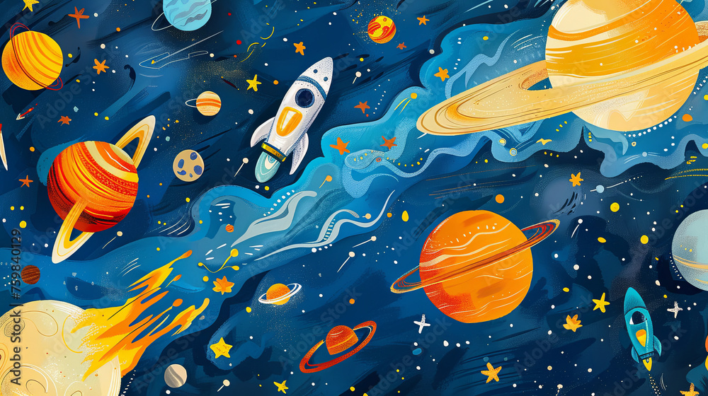 An animated and lively space scene featuring rockets exploring a galaxy filled with colorful planets and stars, ideal for children's imagination. An animated and lively space scene featuring rockets exploring a galaxy filled with colorful planets and stars, ideal for children's imagination.