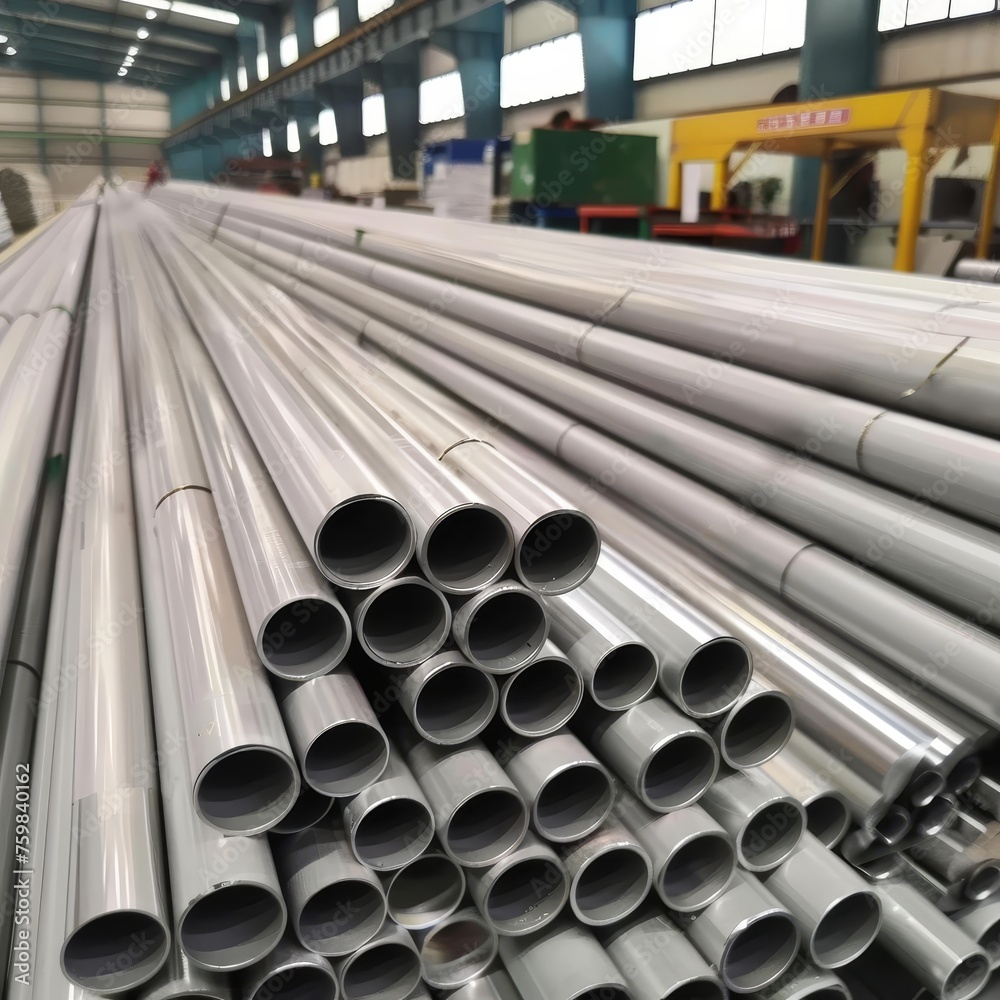 aluminum profile pipes stacked in warehouse, view of grey aluminized pipe. In the background is an industrial building with machinery and tools used for production of metal products, including pipes aluminum profile pipes stacked in warehouse, view of grey aluminized pipe. In the background is an industrial building with machinery and tools used for production of metal products, including pipes