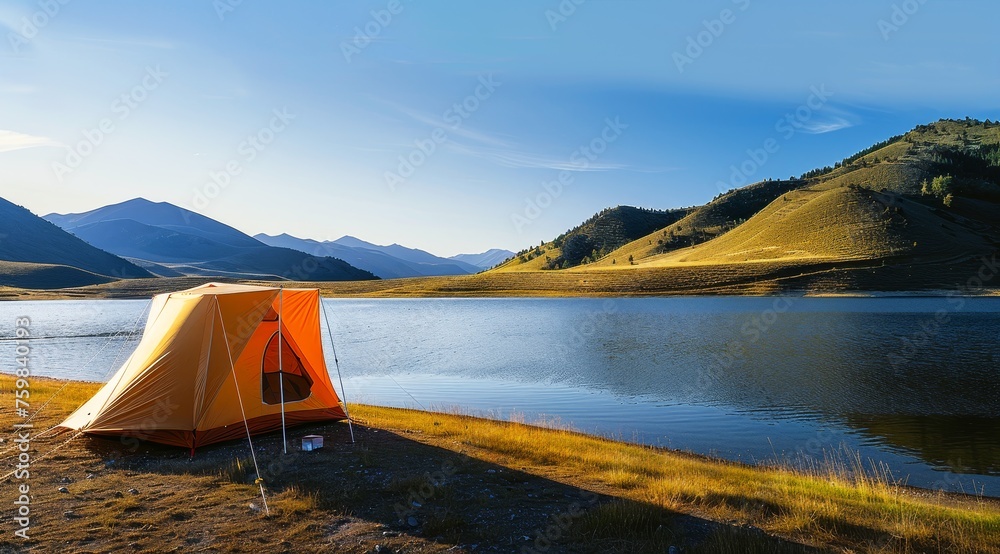 In the morning, there is an orange tent next to a shallow lake with water in front of green hills under a blue sky