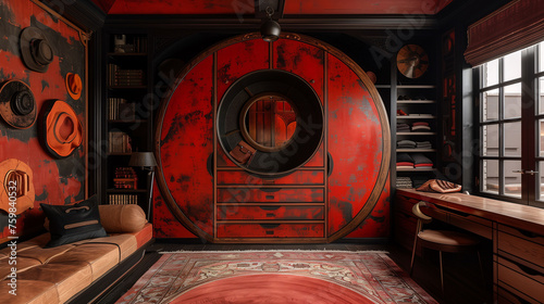 Stylish steampunk-themed room with red circular door, vintage furniture, and industrial decor.
