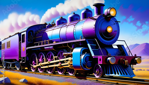 A painting of a crystalized steam-engine train in blue and purple hues