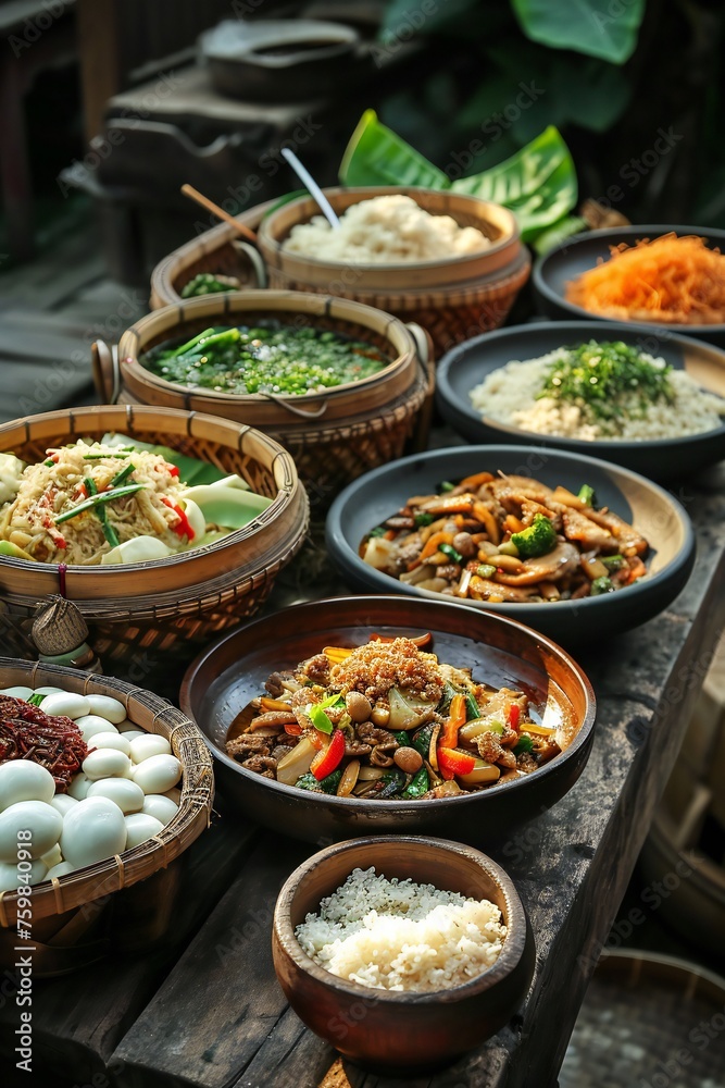 Assorted delicious Asian dishes spread black surface