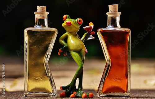 Two bottles of wine flank a small frog figurine placed in the middle, creating a whimsical and unexpected centerpiece for a tabletop or bar setting. © tang