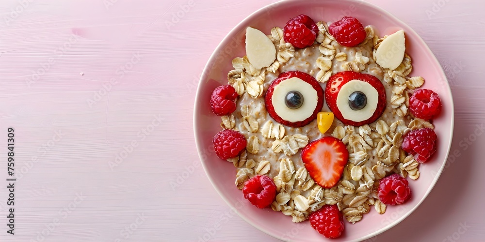 Wholesome and creative kids breakfast owlshaped oatmeal with berries on pink. Concept Wholesome Breakfast, Creative Kids, Owl-shaped Oatmeal, Berries, Pink Aesthetic