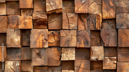 Fototapeta Naklejka Na Ścianę i Meble -  3D wooden block wall texture with varying depths and grain patterns. Cubic wood mosaic background with natural shades and copy space. Innovative decor for modern architectural design concept.