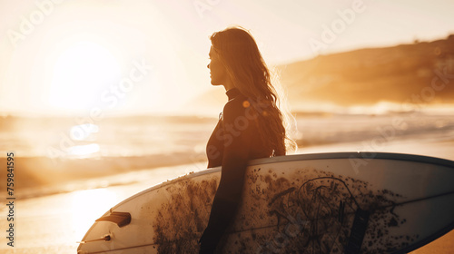 Woman standing with surfboard at beach in the sunshine, Generative AI. © Владимир Германович